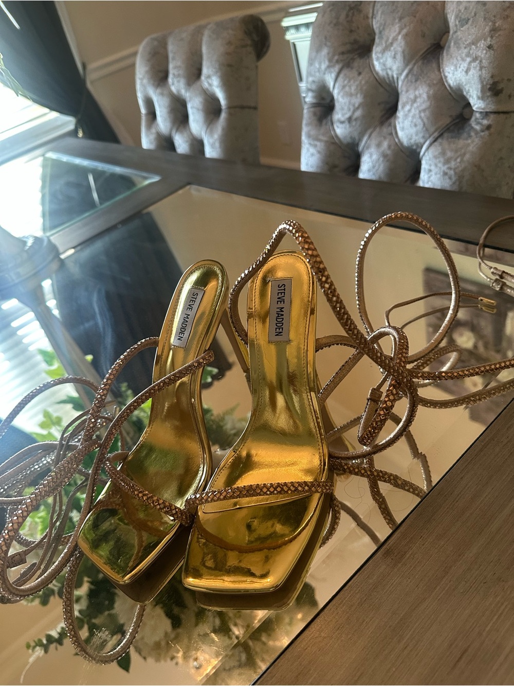 Steve Madden Metallic Gold Strappy Lace-Up Heels